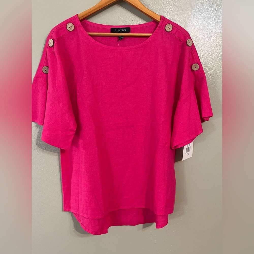 Ellen Tracy Linen Blend Hot Pink Button-Detail Women's Top Ruffed Sleeve M NWT